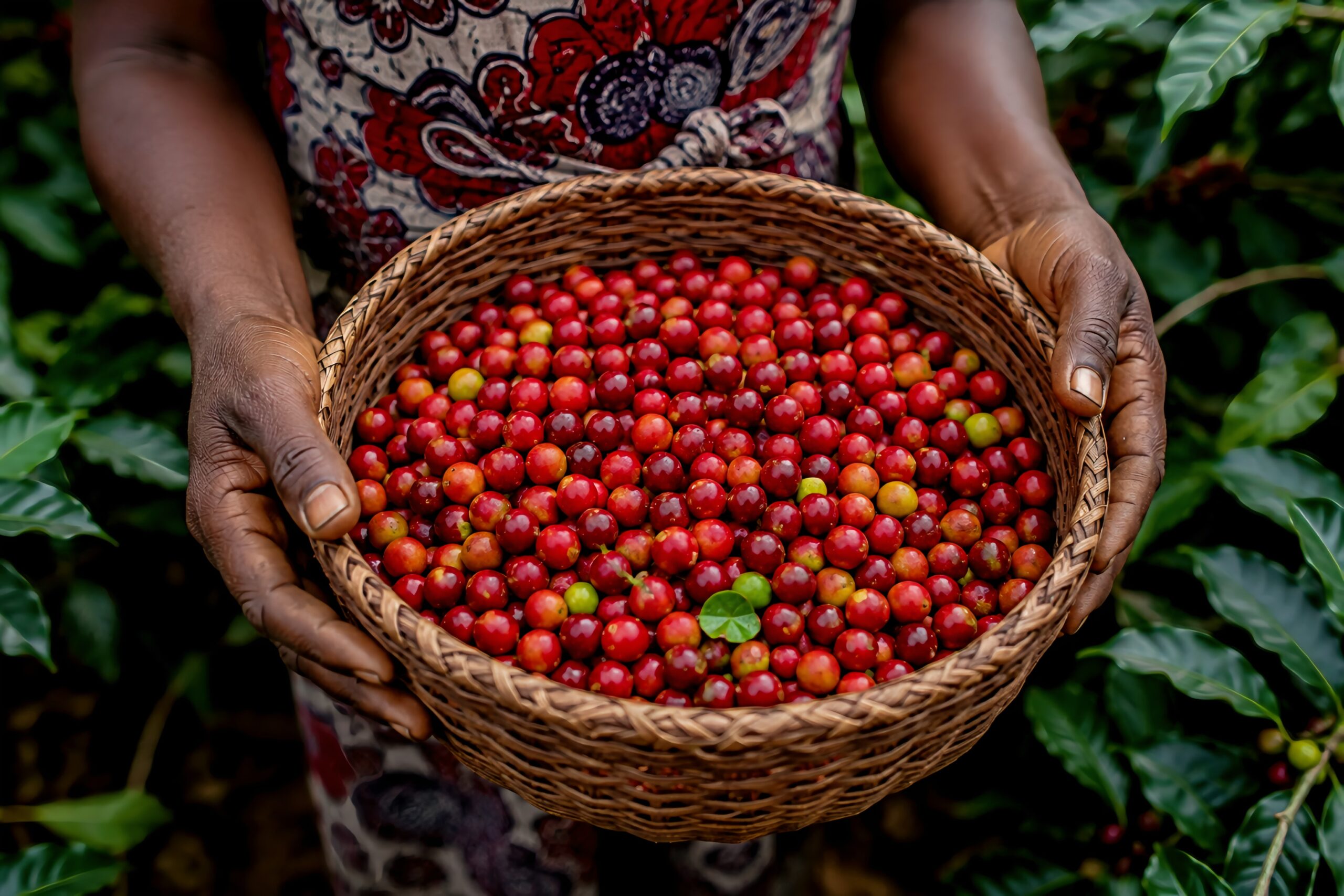 Fresh red coffee cherries in a harvest basket