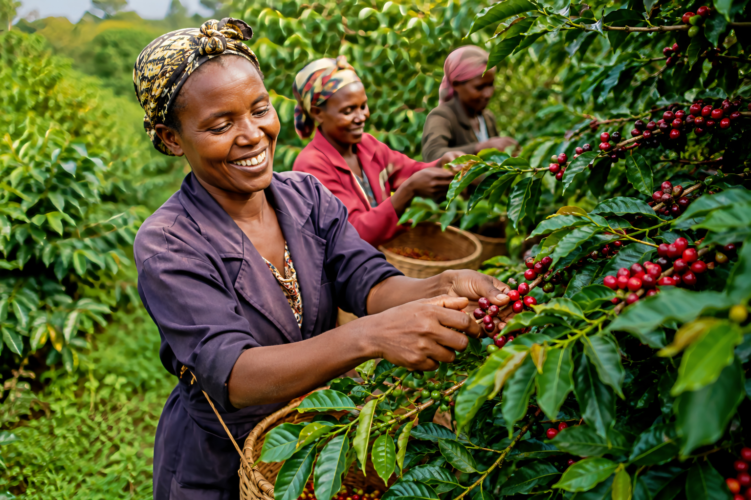 Mzawa coffee farmers joyfully hand-picking ripe cherries — the women who make every harvest possible